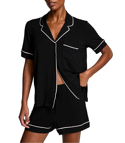 Victoria's Secret Modal Pajama Set, Short Sleeve Button Down Shirt and Shorts, Sleepwear for Women (XS-XXL) - XX-Large - Black W Angel Pink Piping