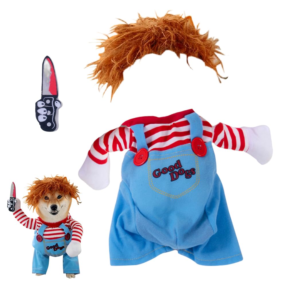 Disfraz de Halloween para Mascotas, Disfraz de Perro de Muñeca Mortal, Disfraz de Mascota, Wig and Knife, Disfraces de Halloween para Perros y Gatos, Adecuado para mascotas de 6-15kg