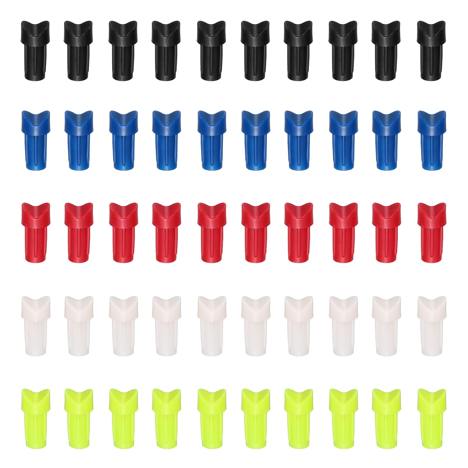 YELARXI Plastic Arrow Nocks, Half Moon Nocks Glue on Replacement Arrow Tail-Fitting For (DIY Hunting/Compound/Recurve Bow/Compound Bow) 7.6MM/0.3" ID & 50 Pcs & Plastic & 5 Colors