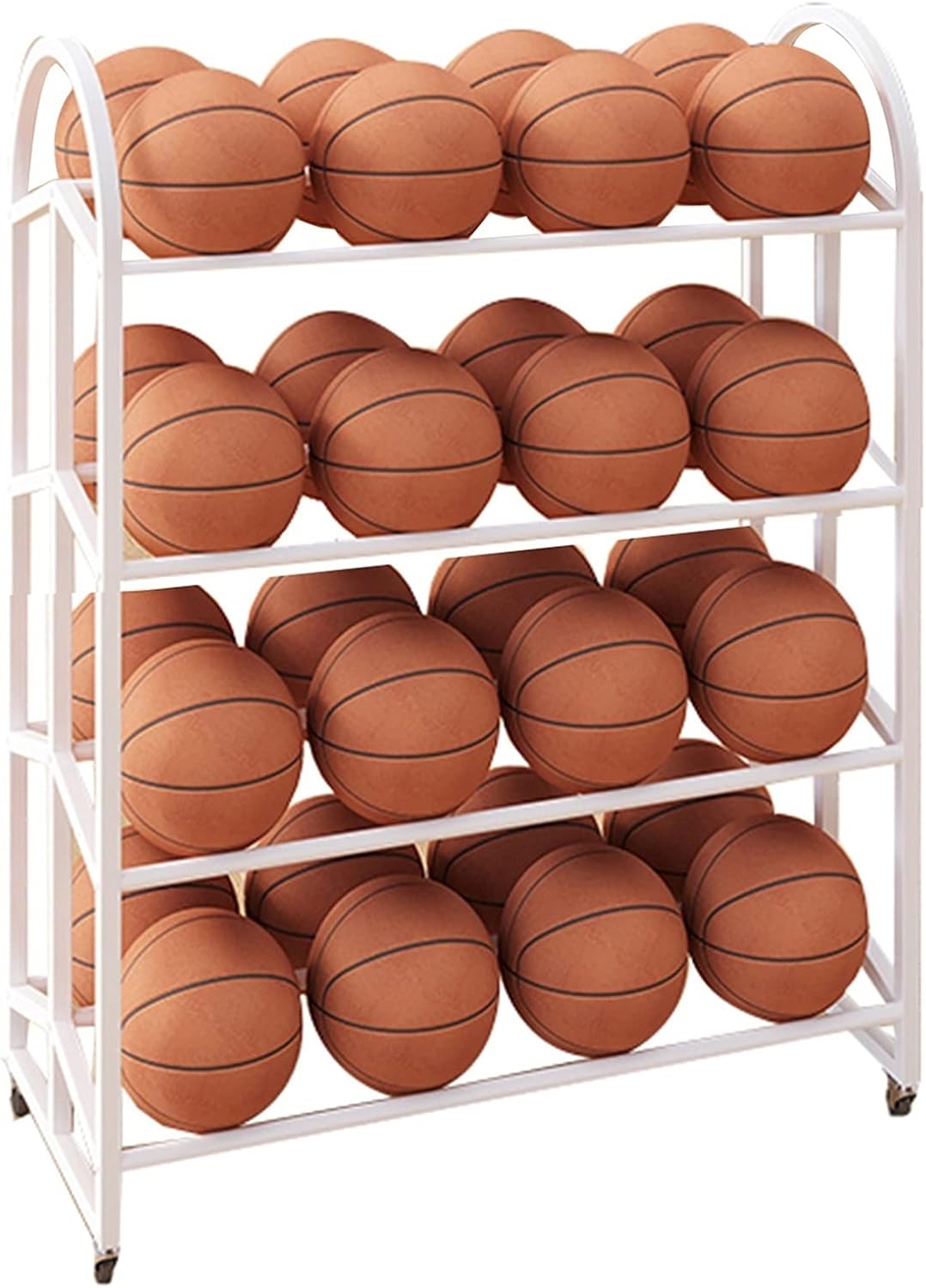 4 Tier Rolling Sports Equipment Organizer for Basketball/Football, School/Stadium/Outside Large Ball Storage Cart with Wheels, Heavy Duty Double Wide Ball Rack,White
