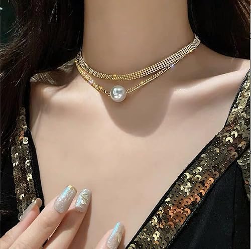Lun Detalle de oro de 18 quilates con colgante de perlas CZ collar de perlas artificiales boho collar de diamantes de imitación collar en capas para