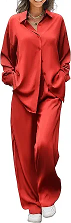 Ekouaer Womens Satin Silky Pajama Set 2 Piece Print PJs Soft Loungewear Button Down Sleepwear with Elastic Waist Long Pants