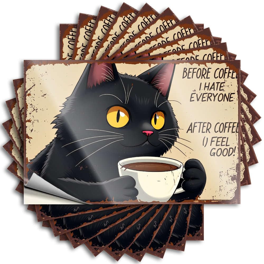 Decal Western Winter Bottle Black Cat Enjoying Coffee, Mood提升. - No Residue Decals for Microfiber(8X12CM)