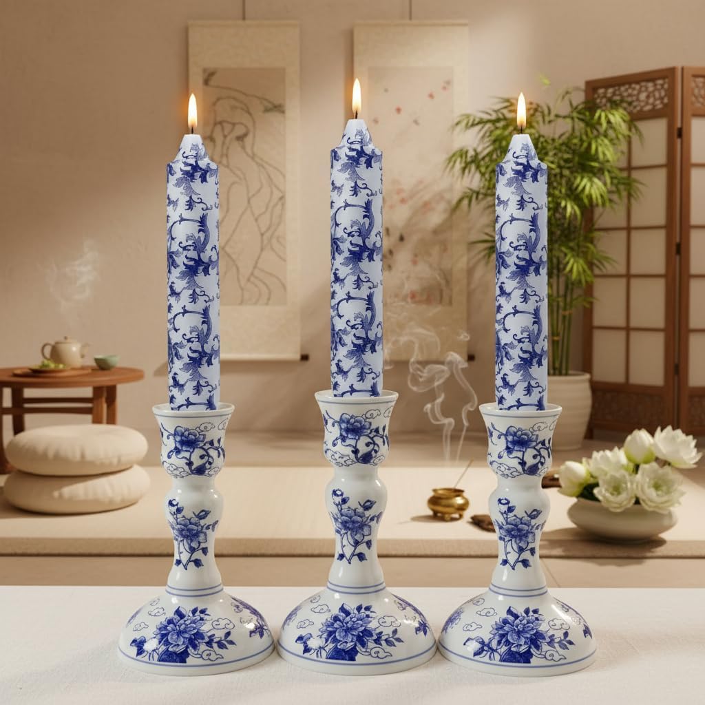 7 Inch Blue and White Short Taper Candles Hand Poured Unscented Smokeless Clean Burning Chinoiserie Taper Candles for Wedding Dinner Home Meditation Morning Coffee Ritual Breakfast Table Everyday