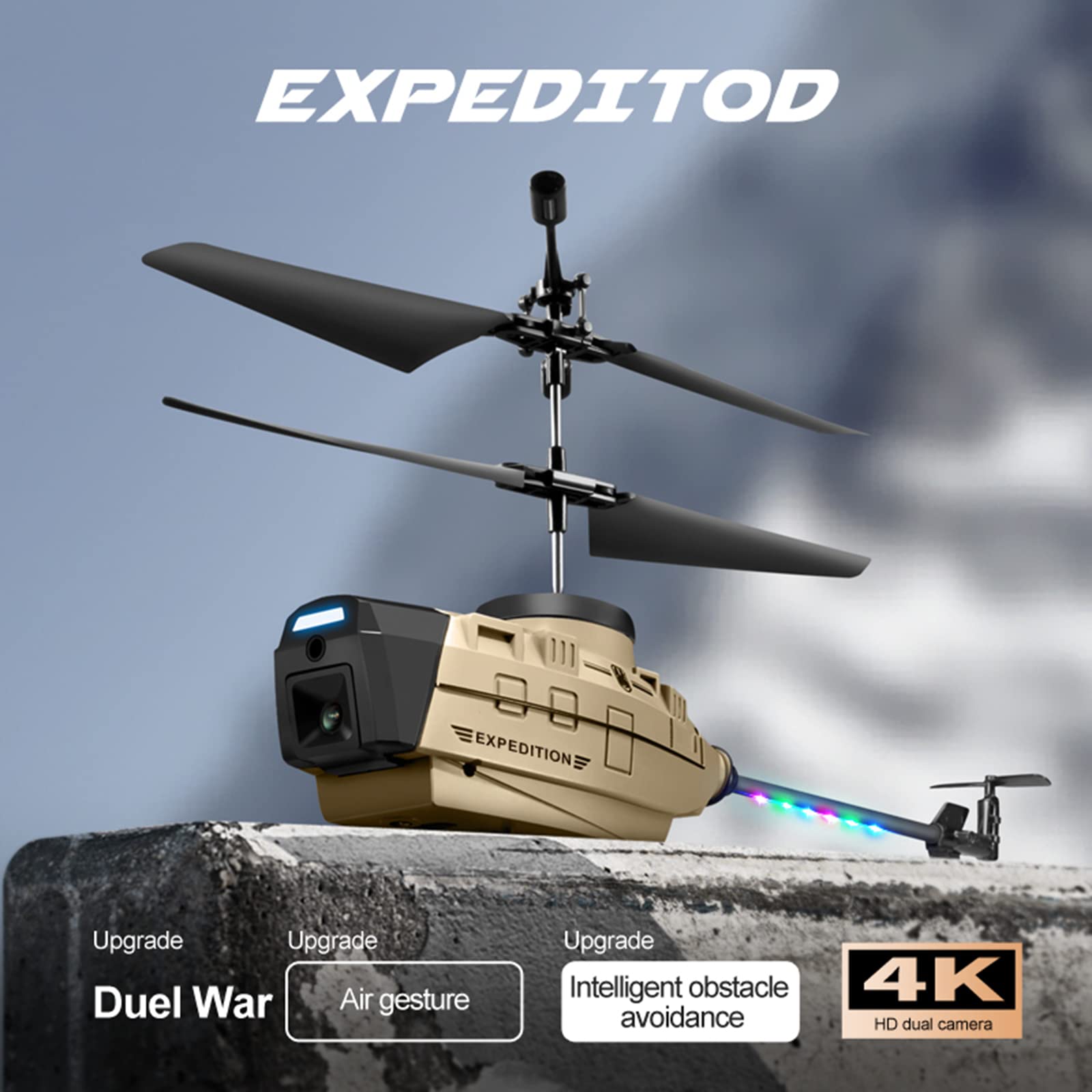 Helicopteros Teledirigidos RC Mini Drone Helicoptero Juguete Hélice única sin alerones Estabilización de giroscopio de 6 Ejes con 4K Lente Frontal + 1080P Lente Inferior para Evitar obstáculos (A)