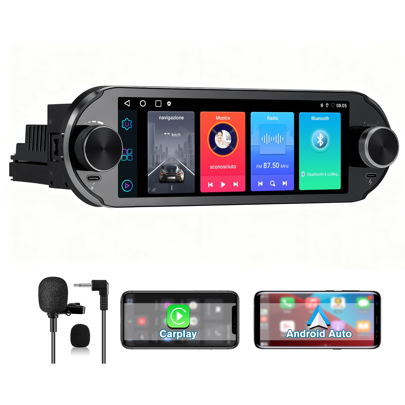 Android 14 Autoradio 1 DIN con schermo Bluetooth FM RDS GPS Online Navigazione Comandi al volante (2+64GB)