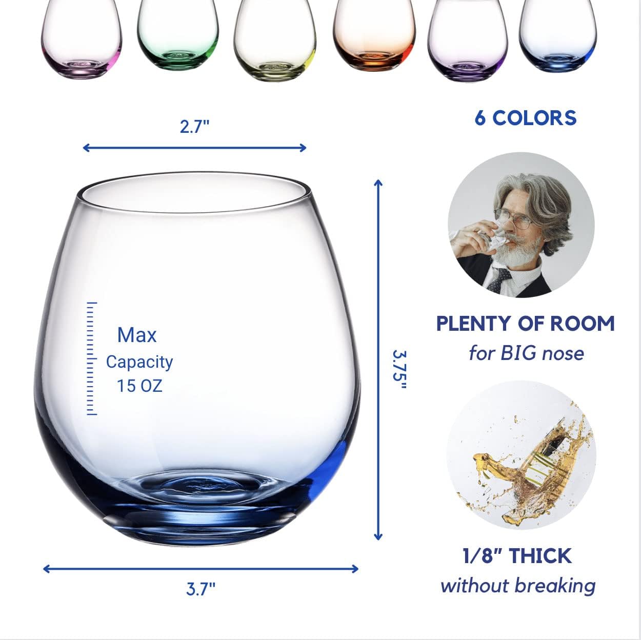 ColoVie Colored Wine Glasses Set, Stemless Wine Glasses Set, Colorful Short Wine Tumbler, Cocktail Glasses, Old Fashioned, Colorful Drinking Glassware