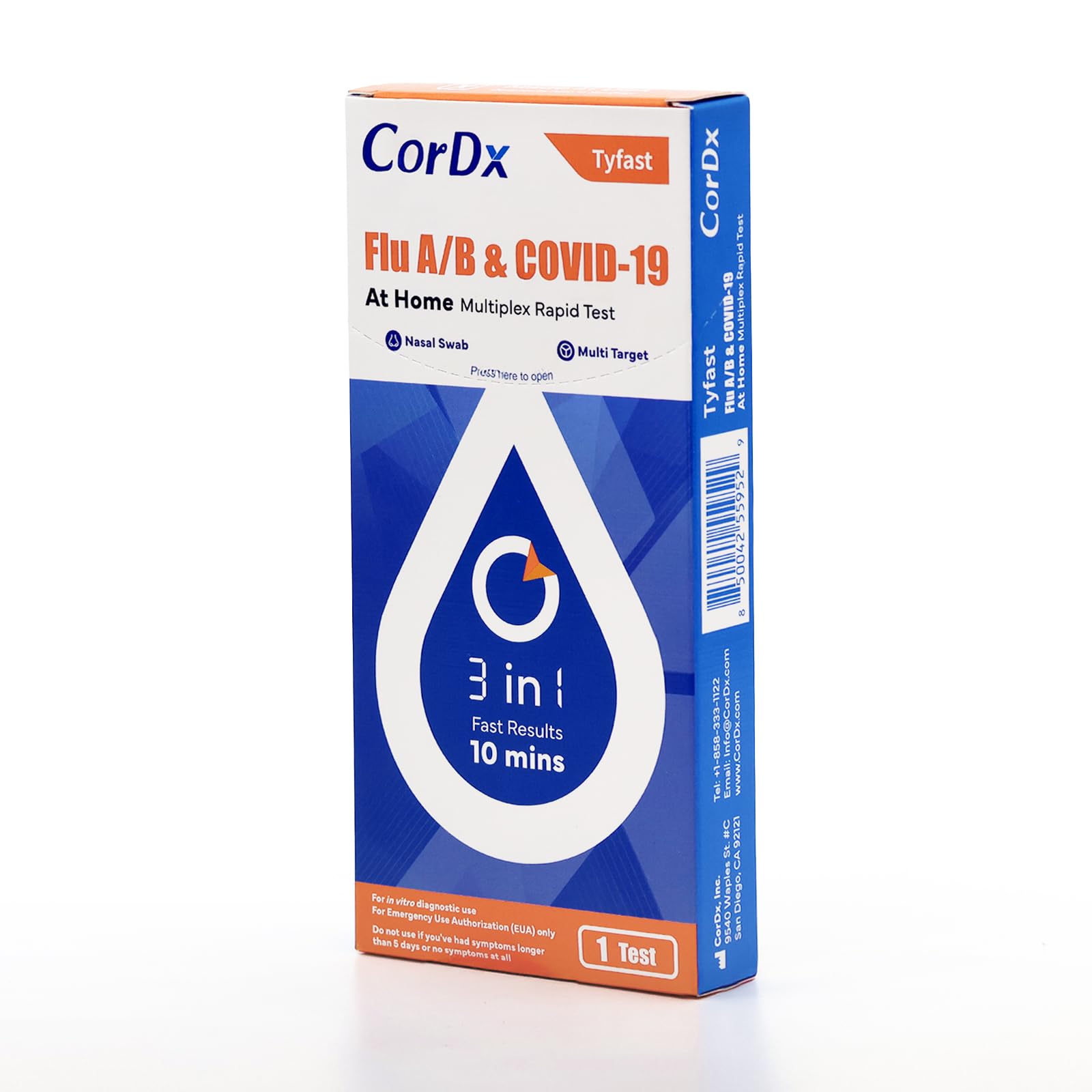 CorDxTyFast Flu A/B & Covid 19 Multiplex Rapid Test, 10 Mins at Home, FDA Authorized, 3 in 1 Combo Kit, 1 Test