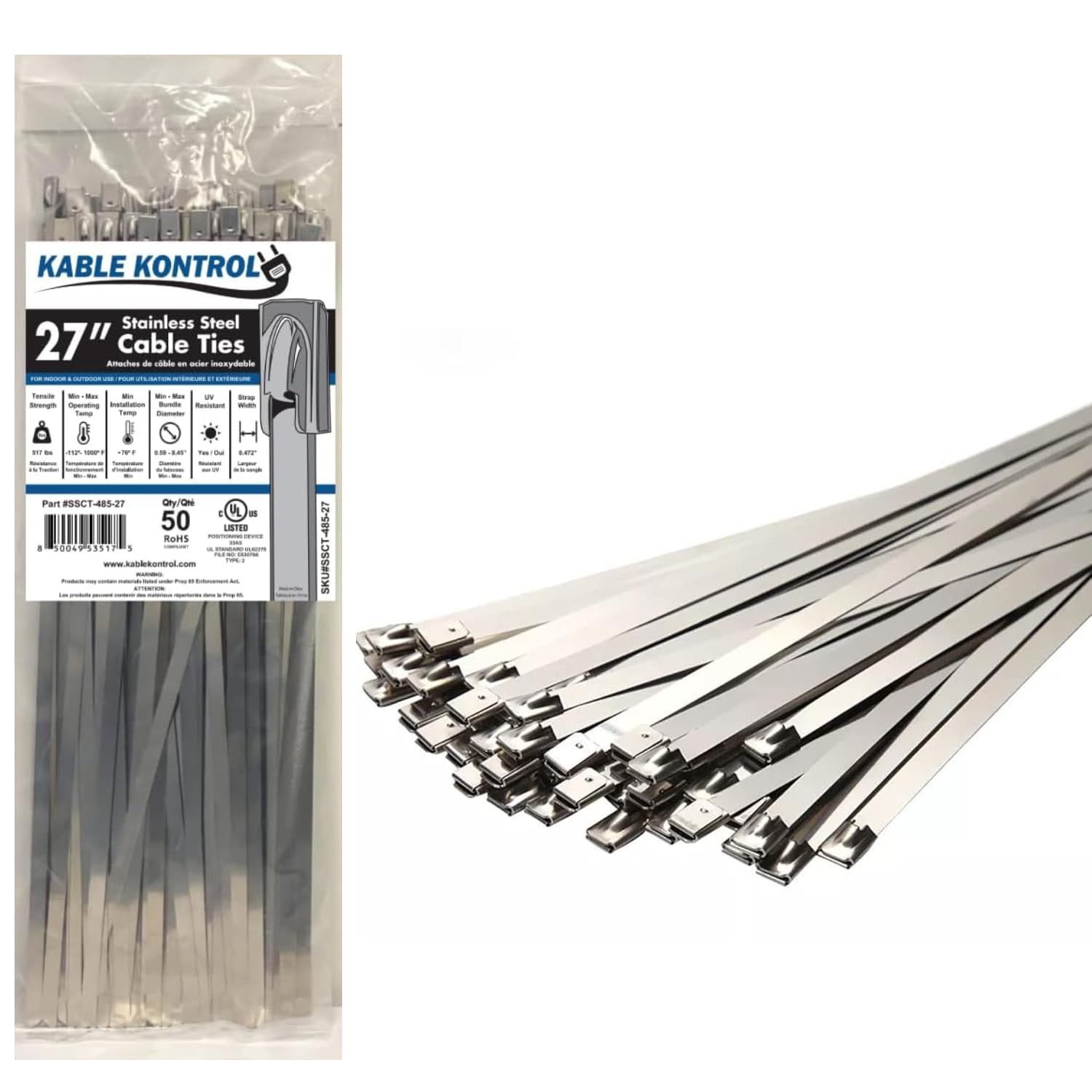 Kable Kontrol 50 fascette stringicavo in acciaio inox, 680 mm x 12 mm, 27 pollici, autobloccanti, in acciaio inox 304, per uso industriale e domestico