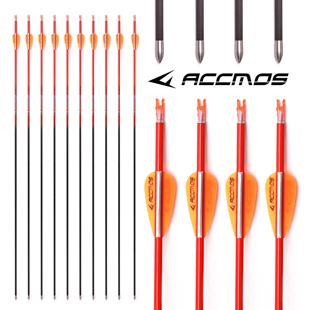 ACCMOS 12pcs Longueur Personnalisée Flèche Carbone pour 15-80 LB Arc à Poulies Diamètre Intérieur 4.2mm .165" 22-32 Pouces Spine 400 500 600 700 800 900 1000 Adulte Jeunesse Chasse et Entraînement