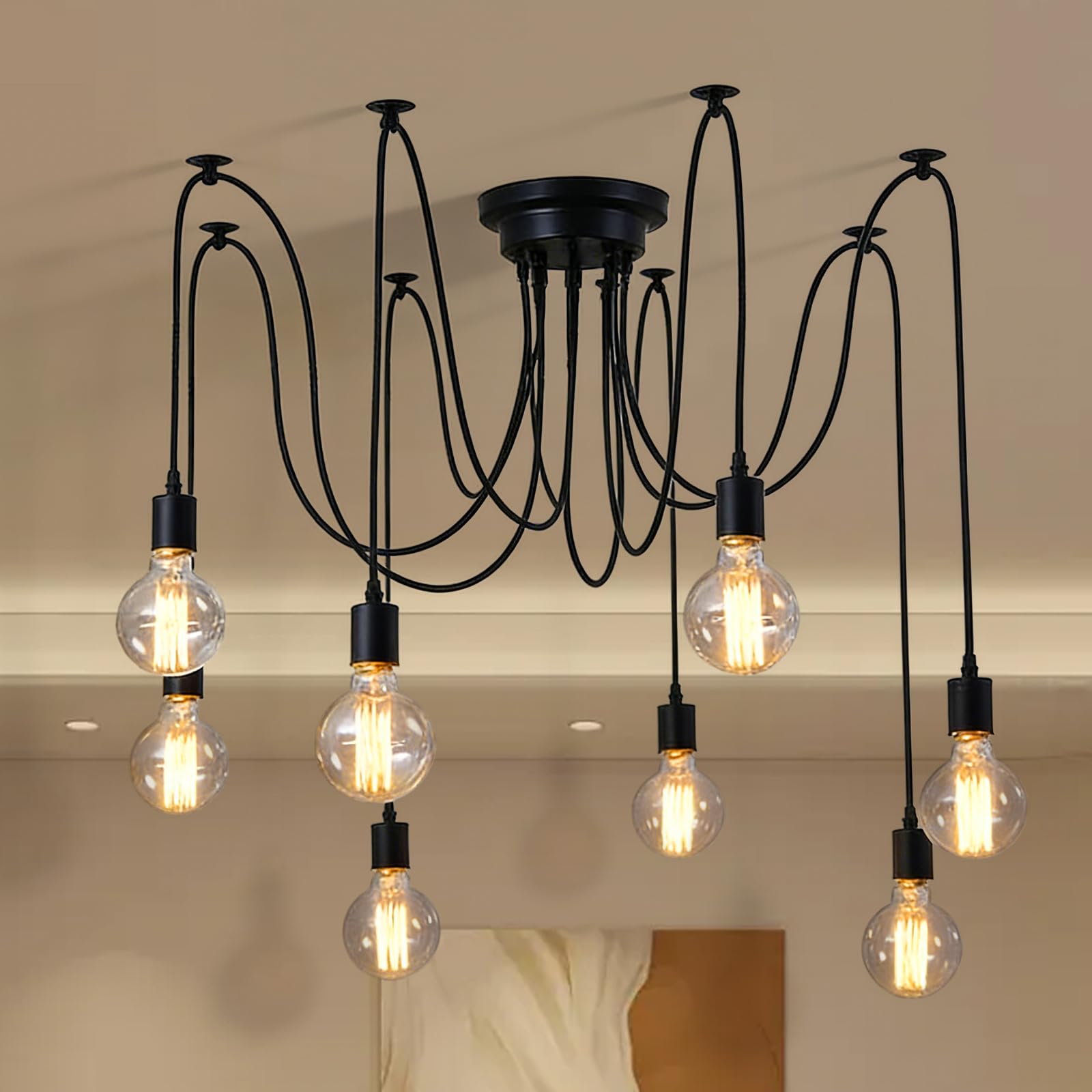 BORDEAG Lampadario a forma di ragno, 8 teste, fai da te, attacco E27, lampada da soffitto regolabile fai da te con cavo da 150 cm, lampadario vintage industriale per sala da pranzo, camera da letto