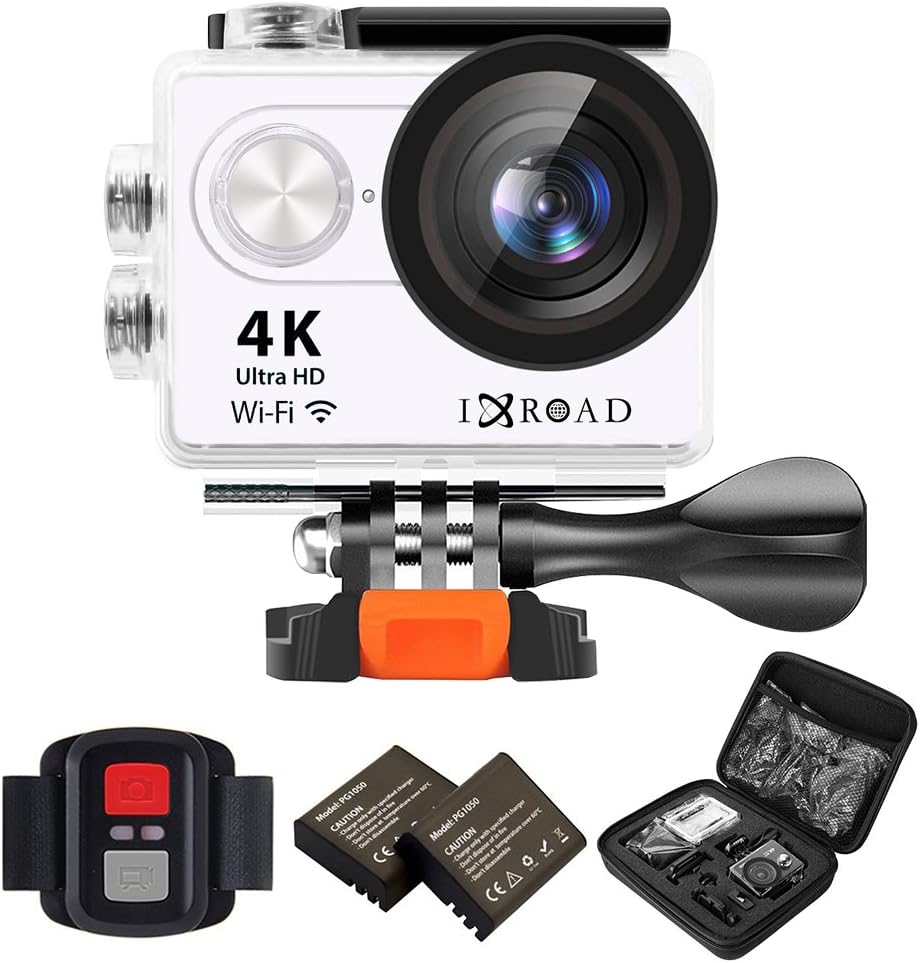 IXROAD 4K Action Cam WiFi Helmet Camera with Remote Control Waterproof Case Dual 1050mAh Batteries Portable Package for Bike Motorcycle Motorbike Cycle Ski Diving (White)