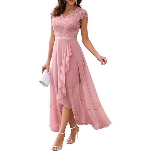 Bbonlinedress Women's V-Neck Dress for Women Wedding Guest Hi-Lo Floral Lace Prom Cocktail Party Formal Bridesmaid Dress