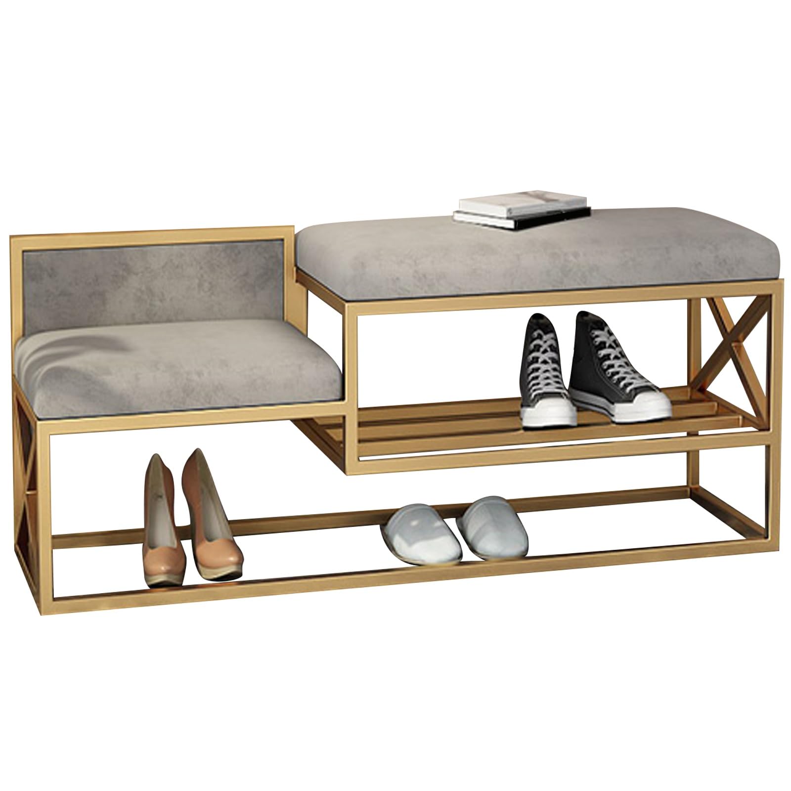 Banc à chaussures moderne en métal doré avec assise pour rangement entrée