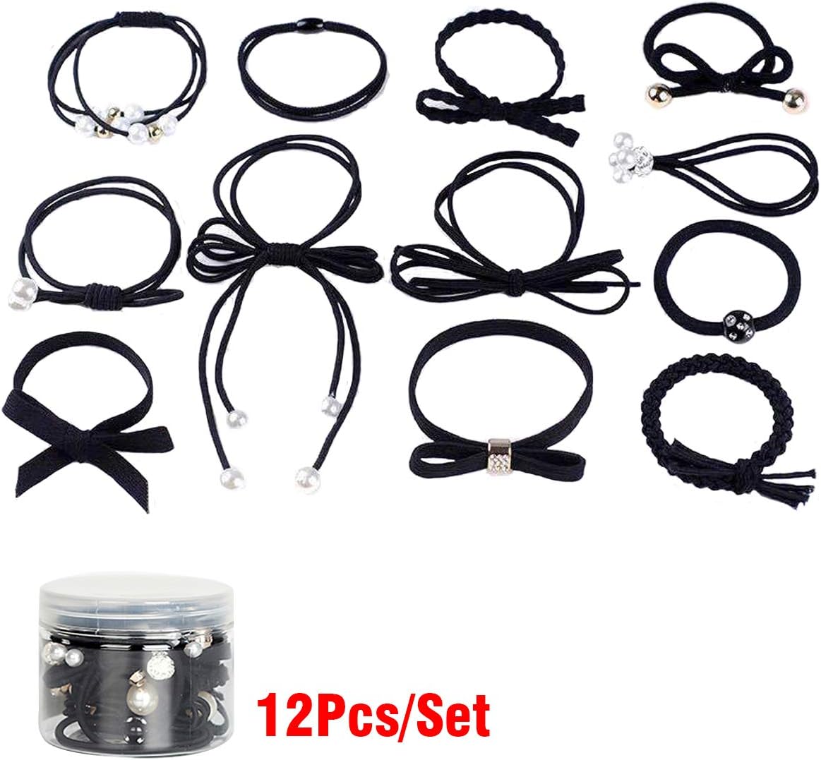 Women Hair Accessories Elastic Hair Ties, Lovely Ribbon Bow-knot Hair Rubber Band Set for Babies, Children, Girls & Ladies, Black (Pack of 12)