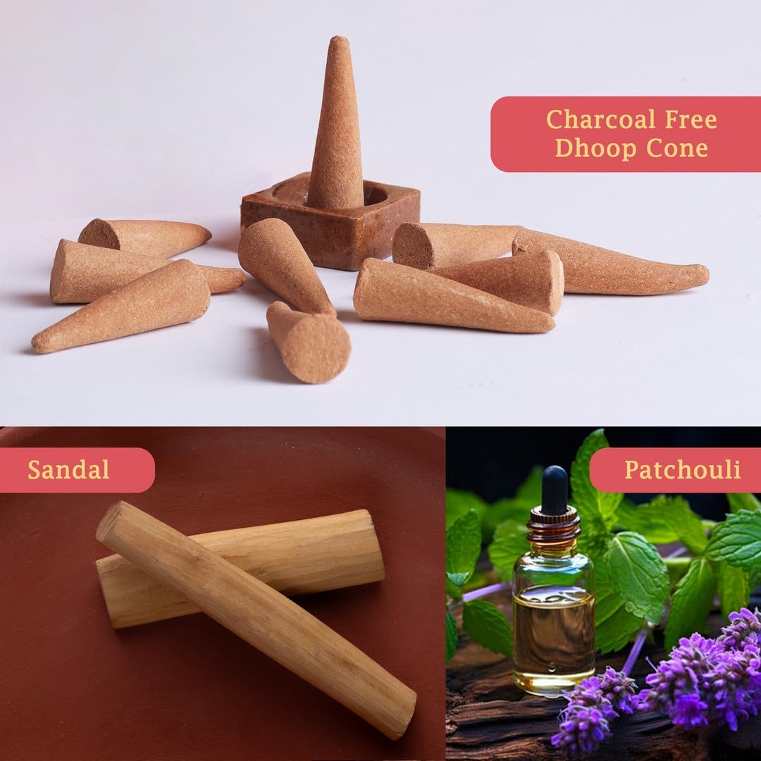 Mangaldeep Temple Premium Bambooless Dhoop Cones - Sandal & Patchouli - Ceramic Stand Inside - Charcoal Free (40 Cones) - Image 7 thumbnail