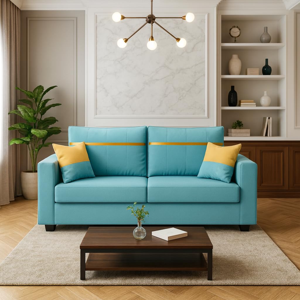 Stonvik 2 Seater Sofa Set | Soft Velvet Suede Fabric | Modern Design | Plush Comfort Cushions for Living Room (Sky Blue, Gold Stripped Cushion) Stonvik 2 Seater Sofa Set | Soft Velvet Suede Fabric | Modern Design | Plush Comfort Cushions for Living Room (Sky Blue, Gold Stripped Cushion)