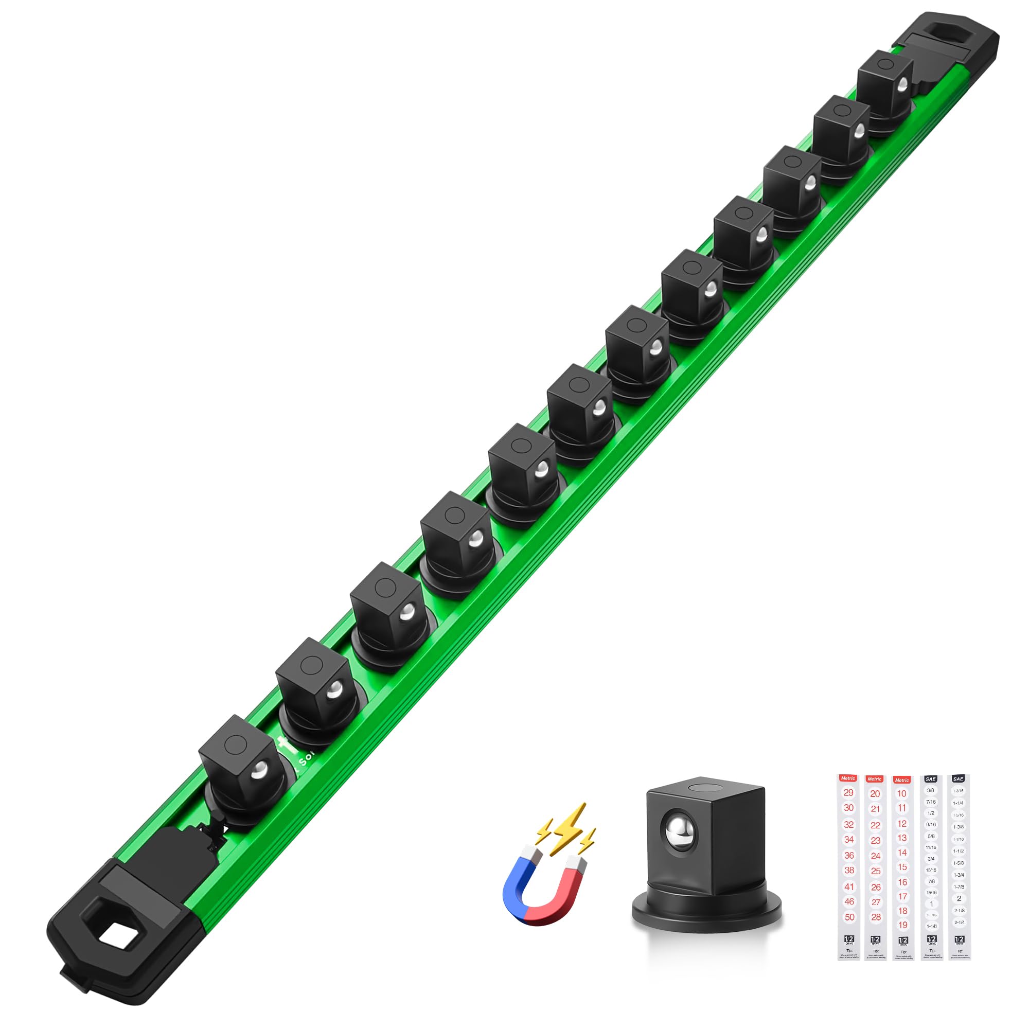 Reniteco Magnetic Socket Organizer, 1/2” Aluminum Alloy Rail, 12 Clips