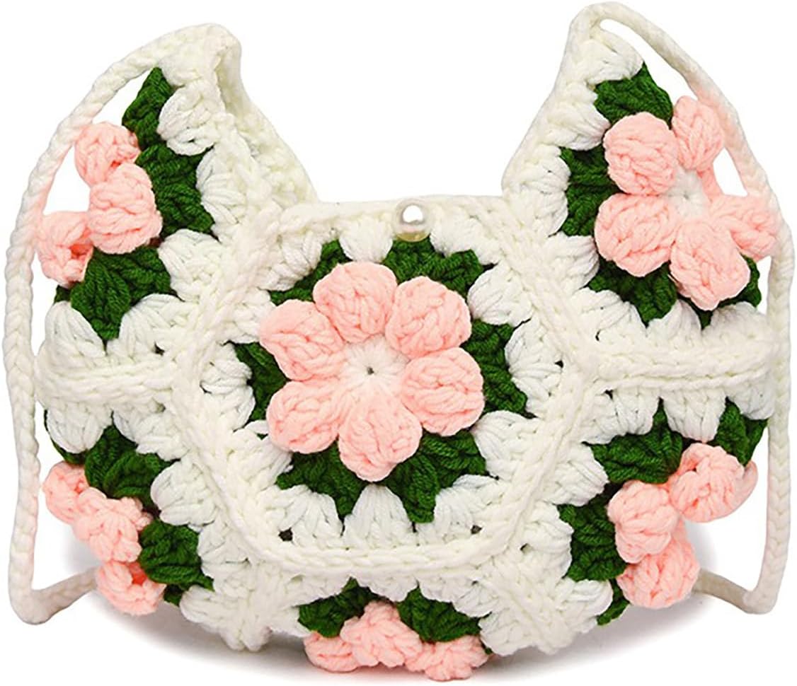 Handwoven Shoulder Bags/Crossbody Bags for Women original &cute Chunky Yarn Knit Flower Shoulder Bag Handmade gift for Women (white)