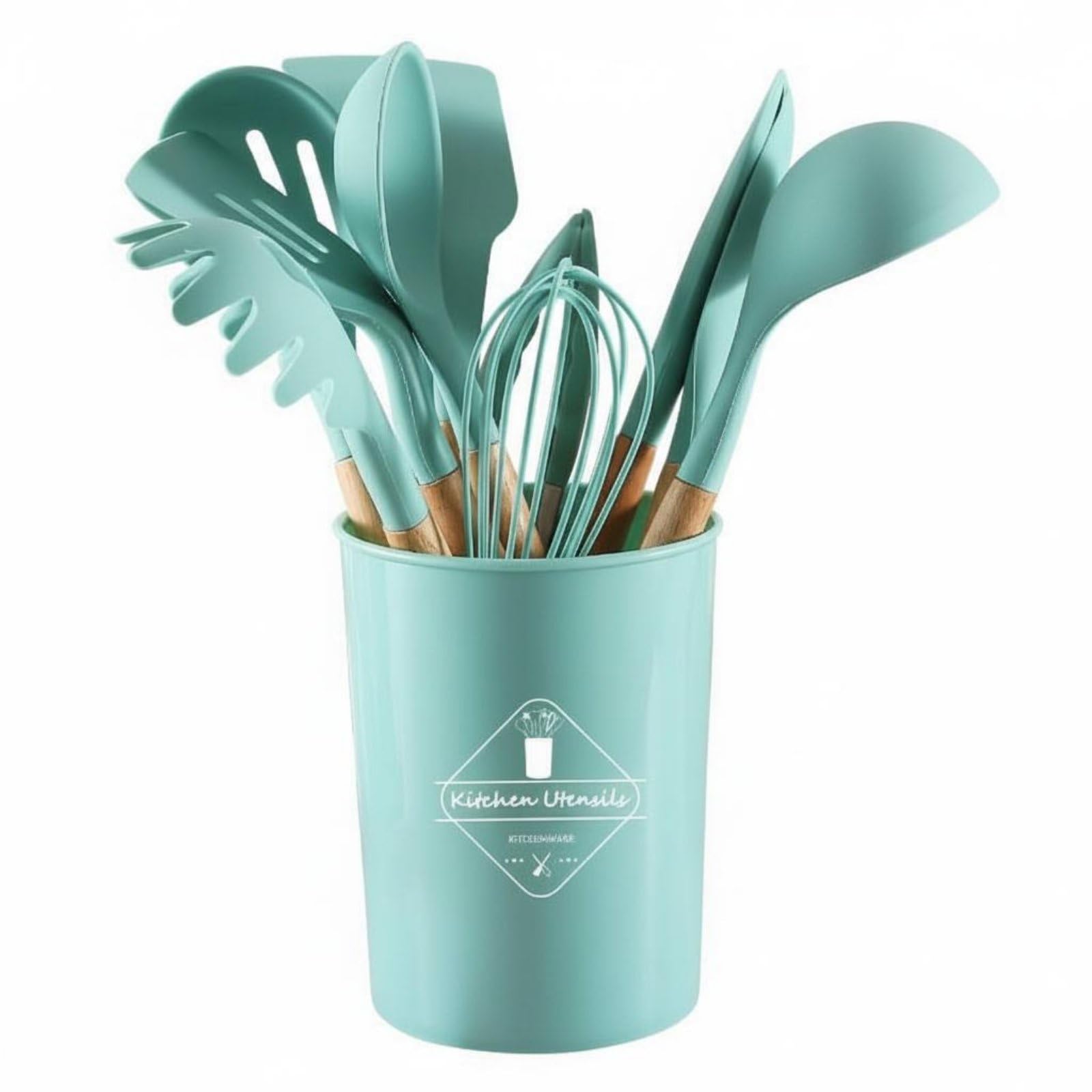 kowaku Ustensiles de Cuisine en Silicone Ustensiles Spatules Fouet Louche avec Seau de Rangement Manche en Bois Isolant Résistant à 230 Cm Silicone, Dark Green