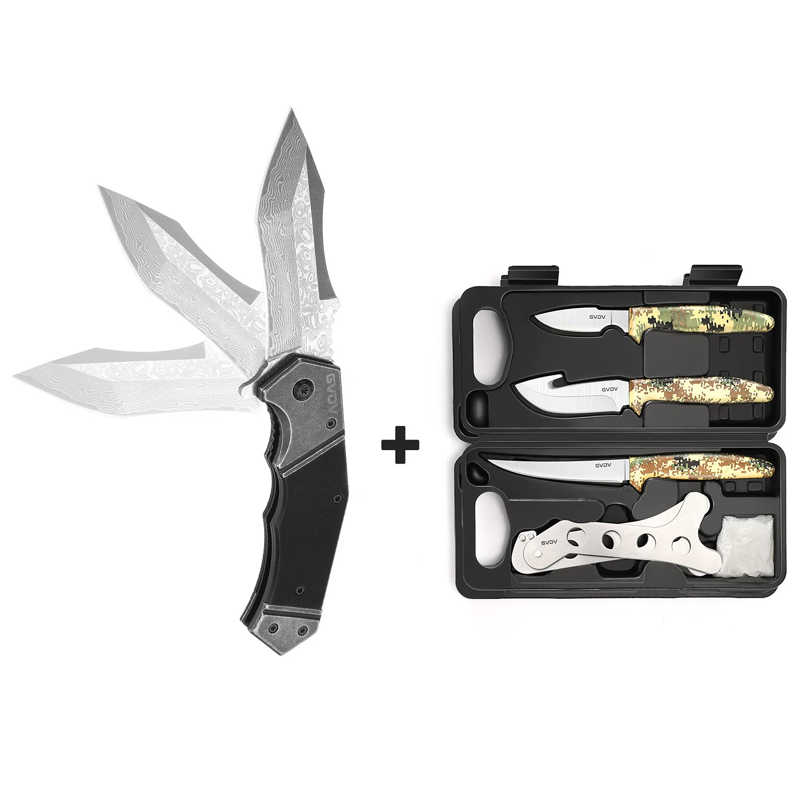GVDV Damascus Pocket Folding Knife + Hunting Knife Kit