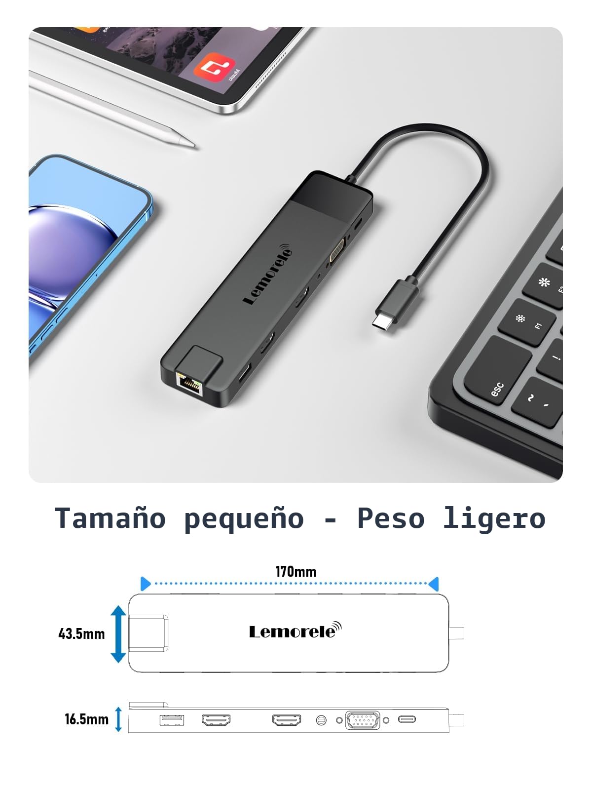 Lemorele Docking Station USB C Triple Display -13 en 1, Hub USB C con Dual HDMI 4K, VGA, Ethernet, Audio, 4 USB 3.0/2.0, USB-C 3.0, PD 100W, SD/TF, Dock Station a MacBook/Windows