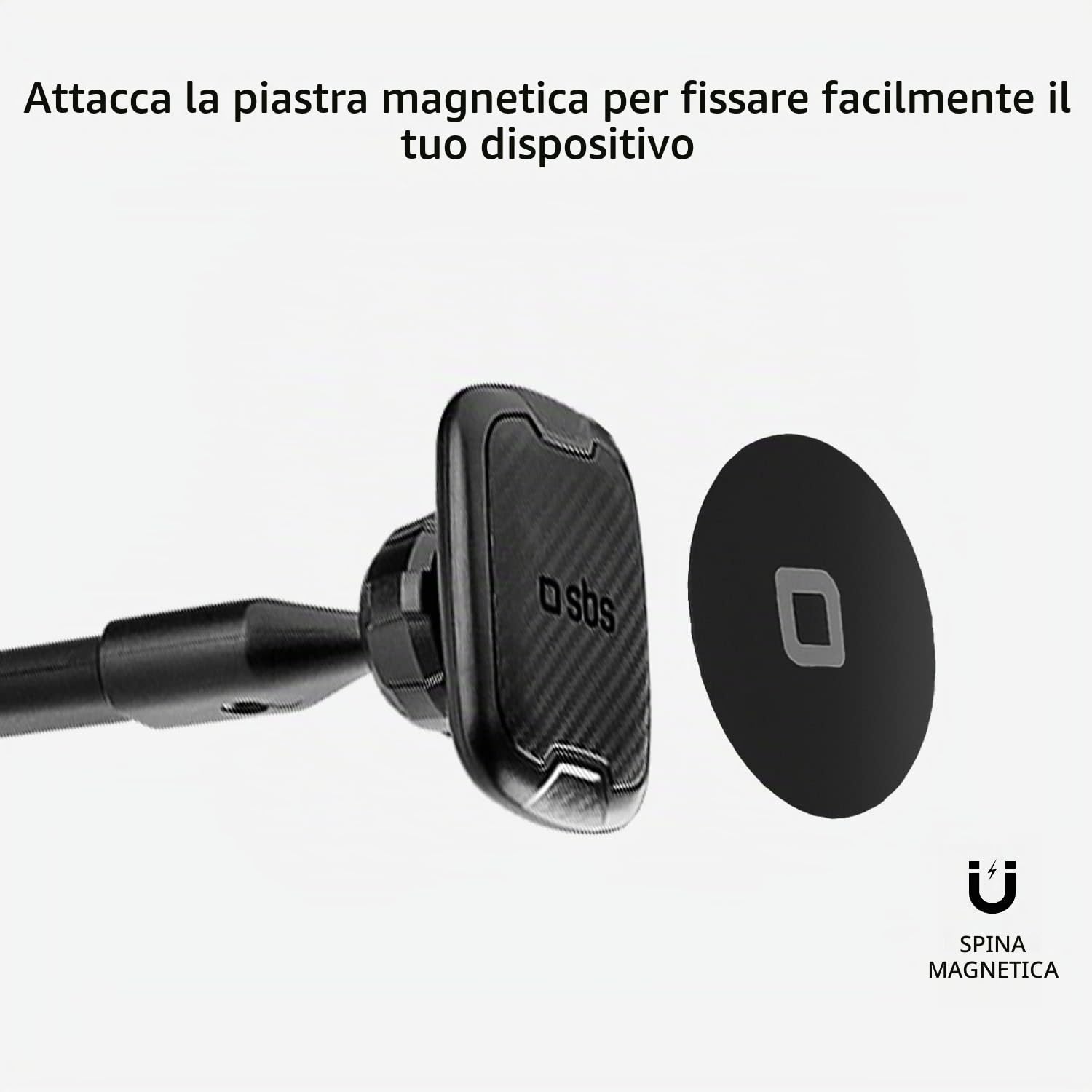 SBS supporto auto magnetico CALIFORNIA, portacellulare universale con braccio snodabile di 33cm e orientabile a 360°, supporto da parabrezza e cruscotto con ventosa e 2 piastrine incluse