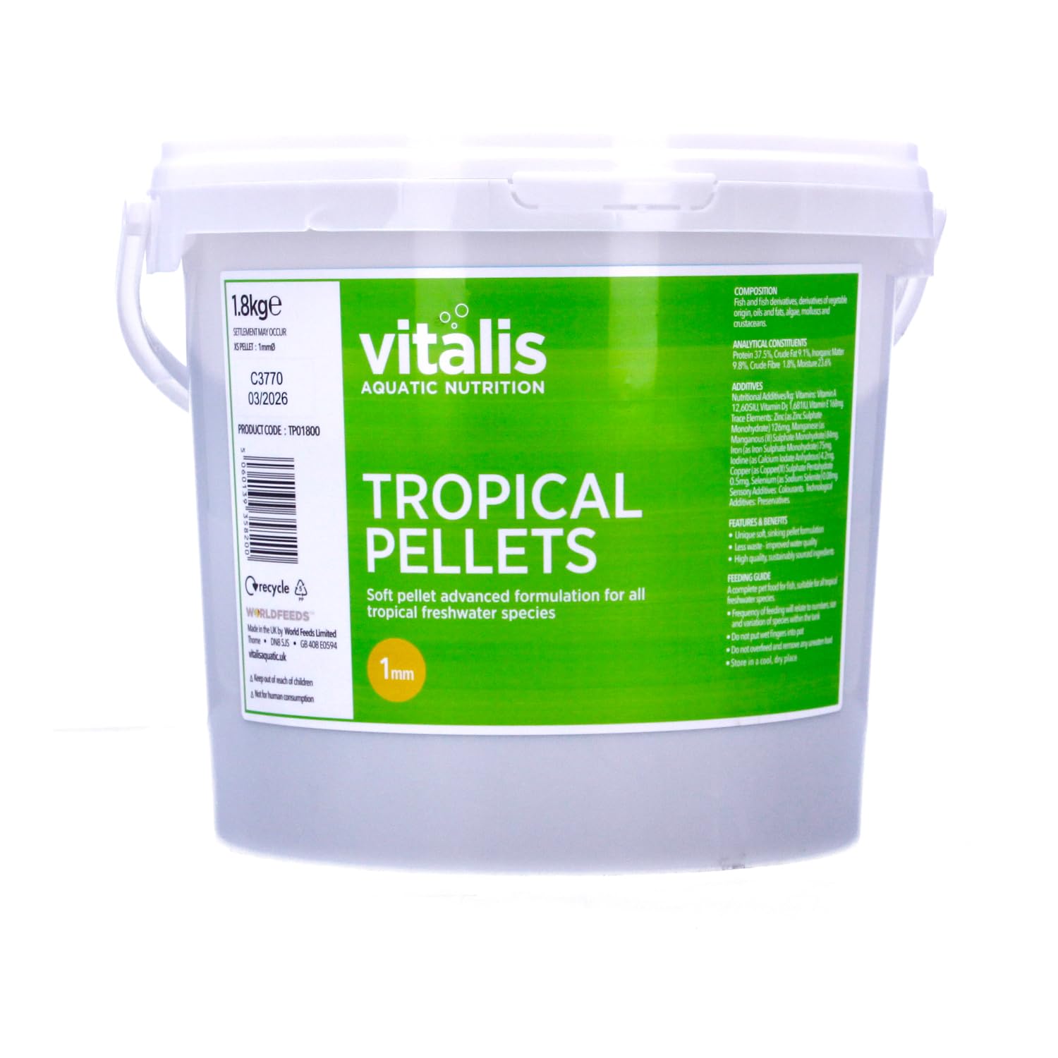 Vitalis Tropical Pellets Fischfutter für Aquarium & Teich | Alleinfutter Pellets Futter Fischfutterflocken für Tropische Süßwasserfische | Gesund & gut verdaulich | mit Vitaminen (1.8 Kg)