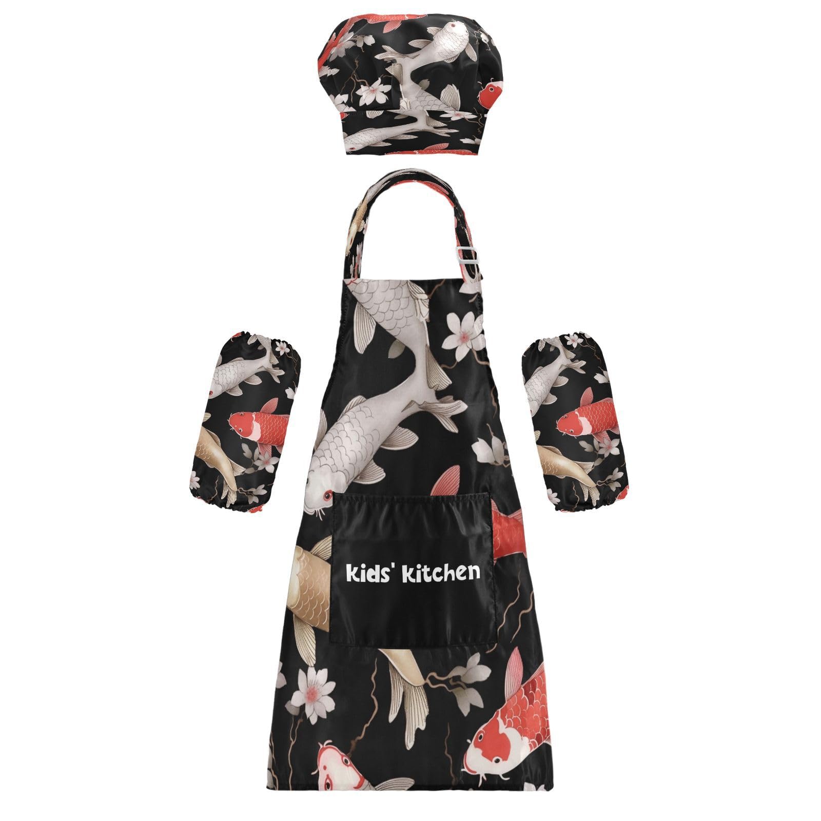 Bulletgxll Koi Fish Kids Apron and Chef Hat Set Adjustable Bib Aprons with Pockets for Cooking Baking Painting