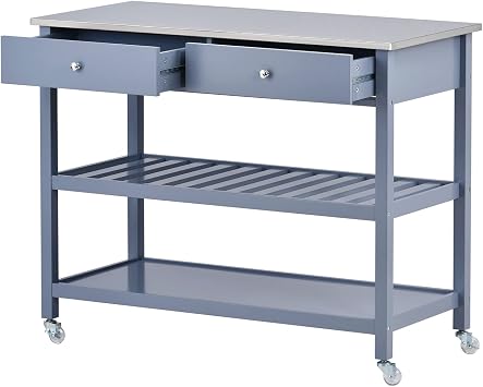 Kitchen Island with Storage & Carts On Wheels W/Stainless Steel Top,Lockable Wheels,43 W 3-Tier Utility Kitchen Cart Bamboo Wood Frame (Blue)