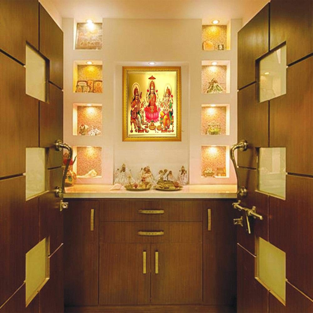 ADA Handicraft Goddess Laxmi Ganesh Saraswati Photo For Diwali Hindu Religious God Photo Framed Painting for Wall and Pooja/Hindu Bhagwan Devi Devta Photo Frame/God Poster for Puja (35 * 25cm) 2
