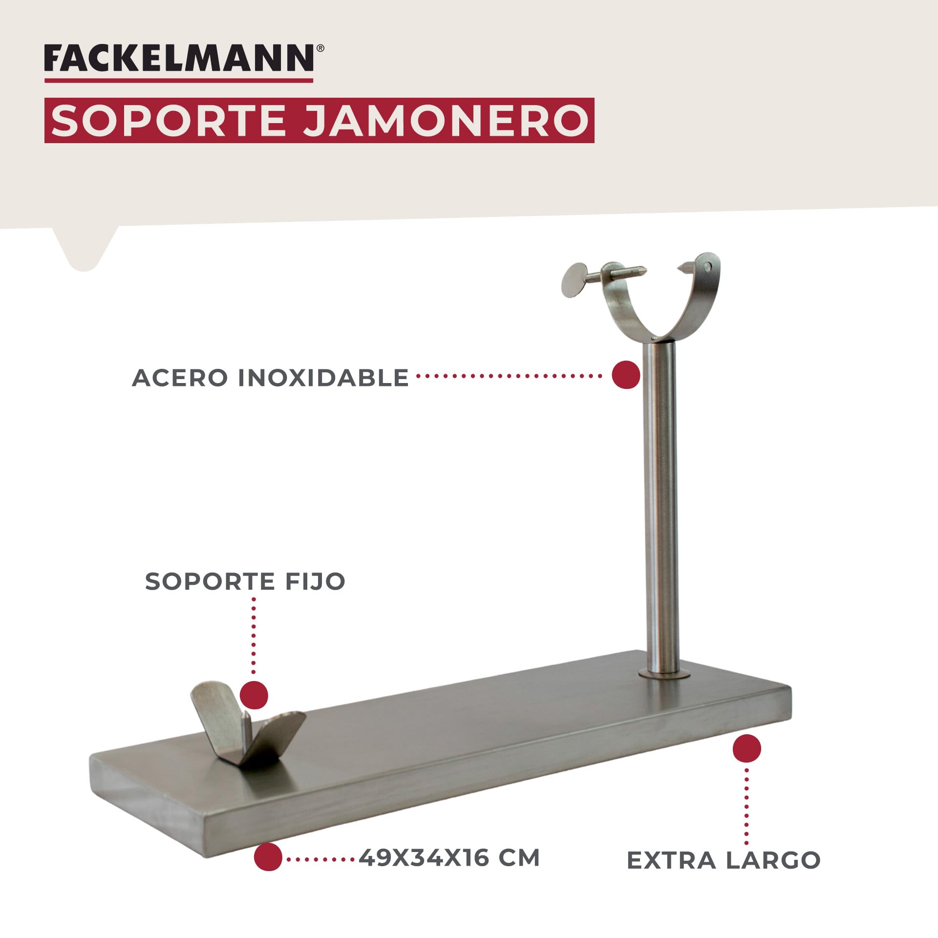 Fackelmann Set Soporte Jamonero Fijo Acero Inoxidable, 49x34 cm, Especial Jamones Grandes, Incluye Cuchillo Jamonero 34/34 cm y Chaira