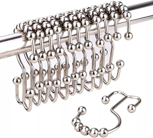 Double Shower Curtain Hooks - Set of 12 Metal Shower Curtain Rings - Double Glide Shower Hooks for Bathroom Curtain (Nickel)