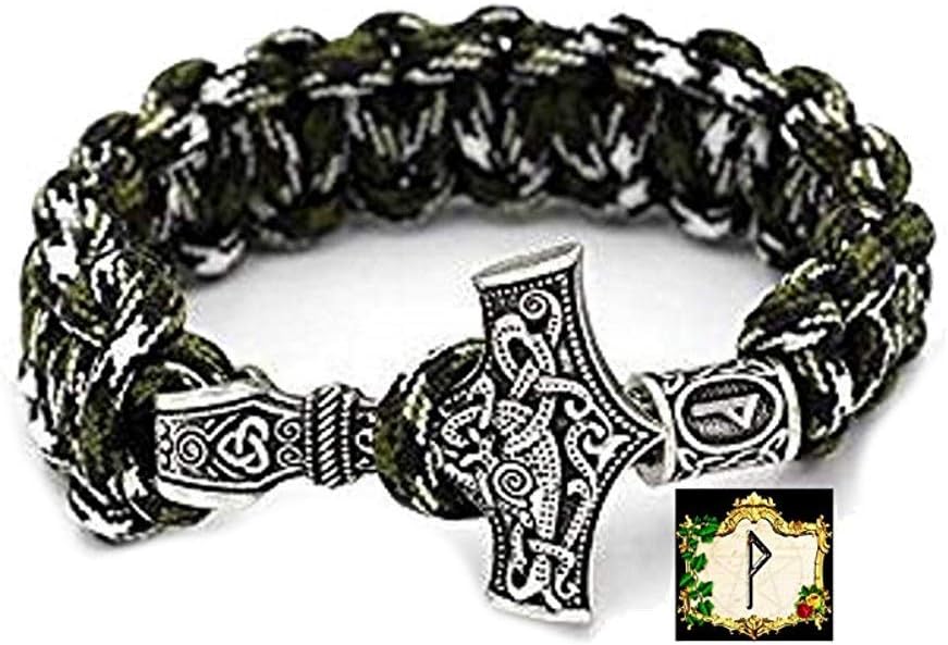 Wunjo Rune - Military Paracord Bracelet Green Camouflage Outdoor Viking Viking Thor's Hammer Antique Silver Coloured 100% Handmade 25 cm Size No. 5