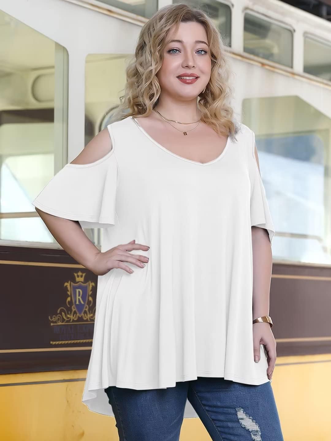 LARACE Plus Size Tunic Tops For Women V neck Short Sleeve T-shirt Cold Shoulder Loose Summer Tops Blouse - Image 4