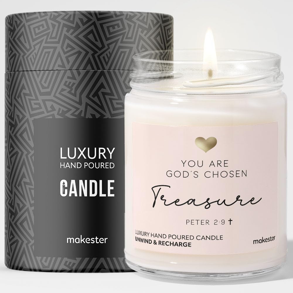 Makester White Gift For Christian - Luxury Soy Wax Candle - Vanilla, Jasmine, Sugared Almond
