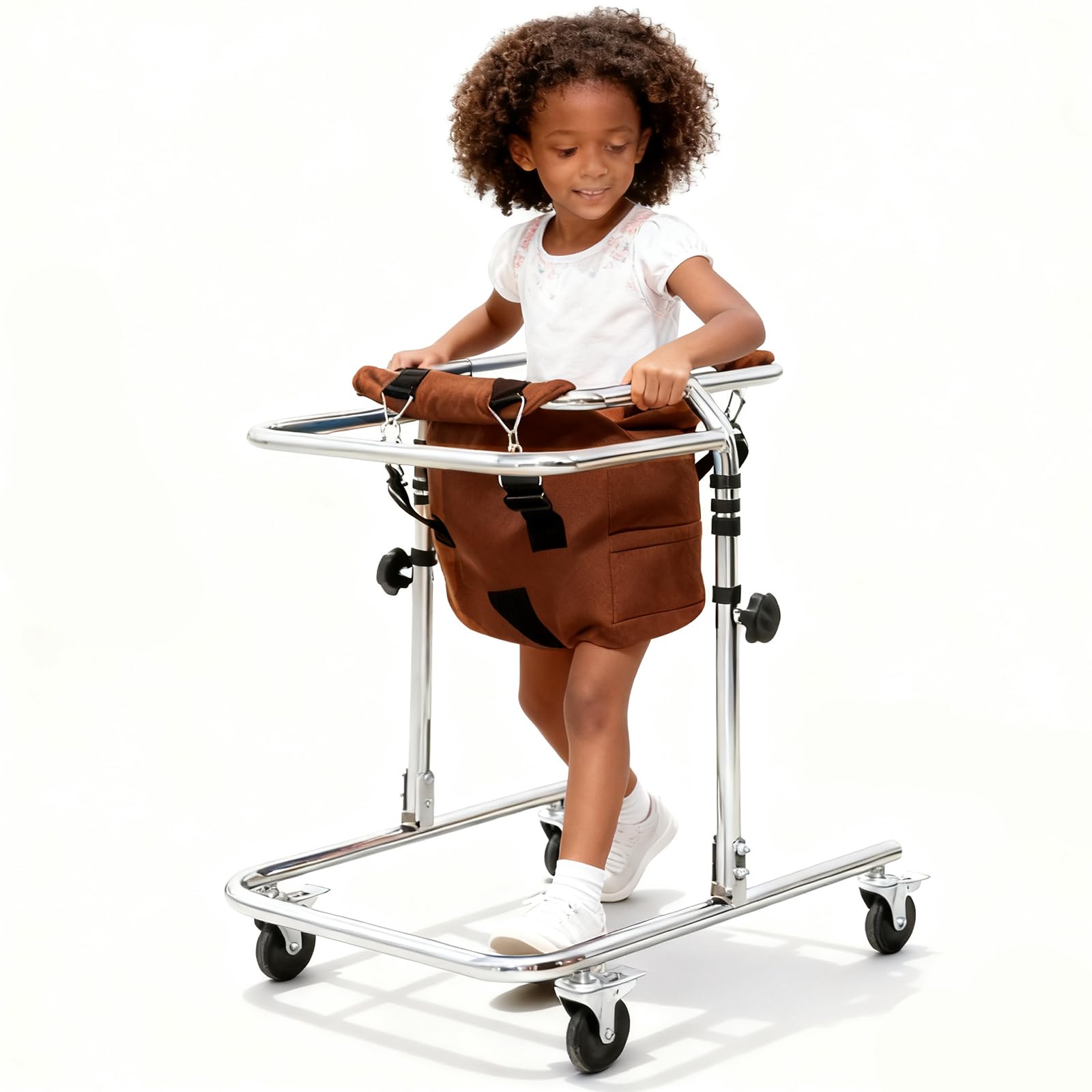 Rollator Walker for Children with Cerebral Palsy Rehabilitation, Adjustable Height Hemi Walkers, Kids Disabled 4wheels Walker Gait Trainer Standing Frame, Suitable for Height 31"- 47" (Brown)