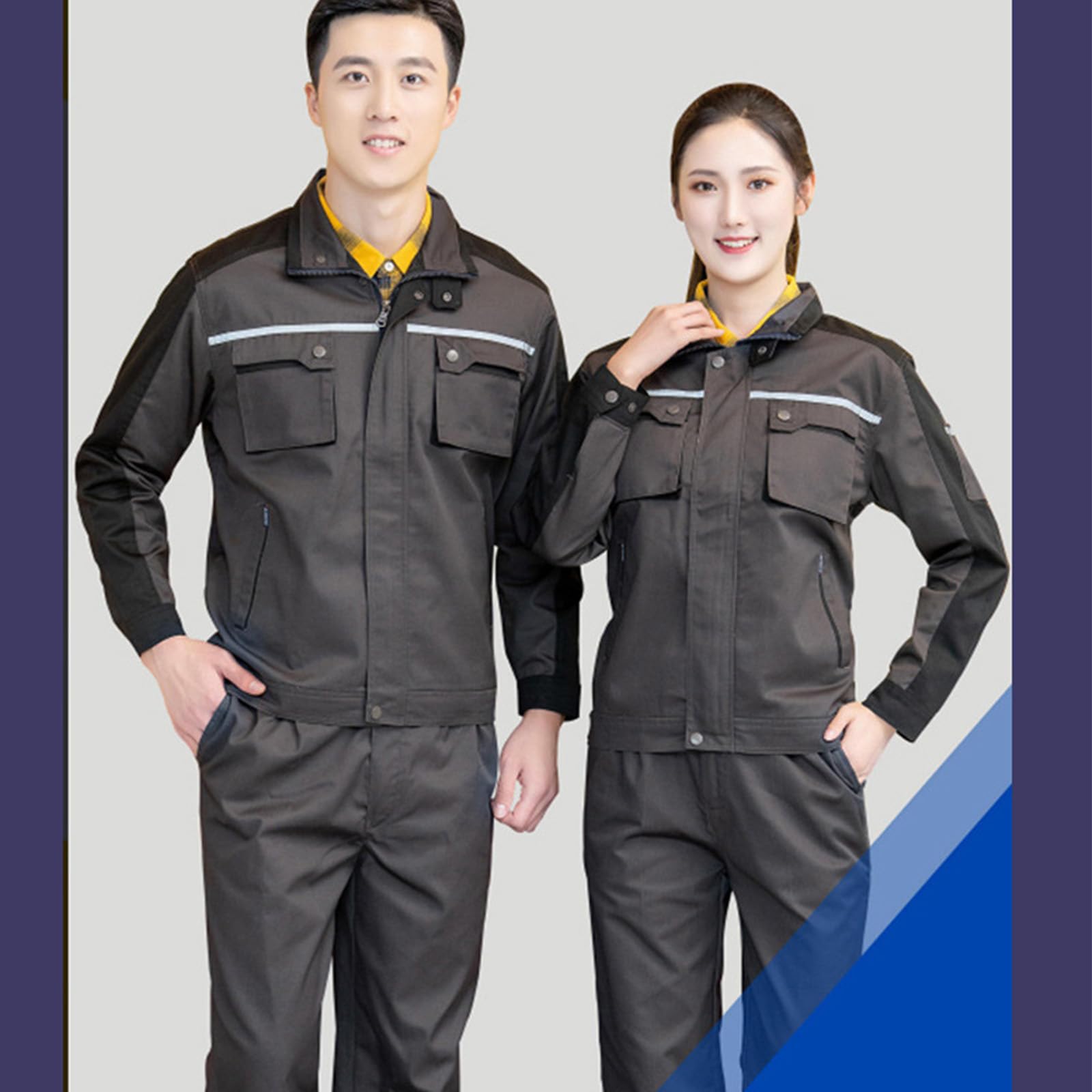 Combinaison À Manches Longues Zip-Front Coton Salopette Vêtements De Travail Veste & Pantalon Costume Avec Multi Poches