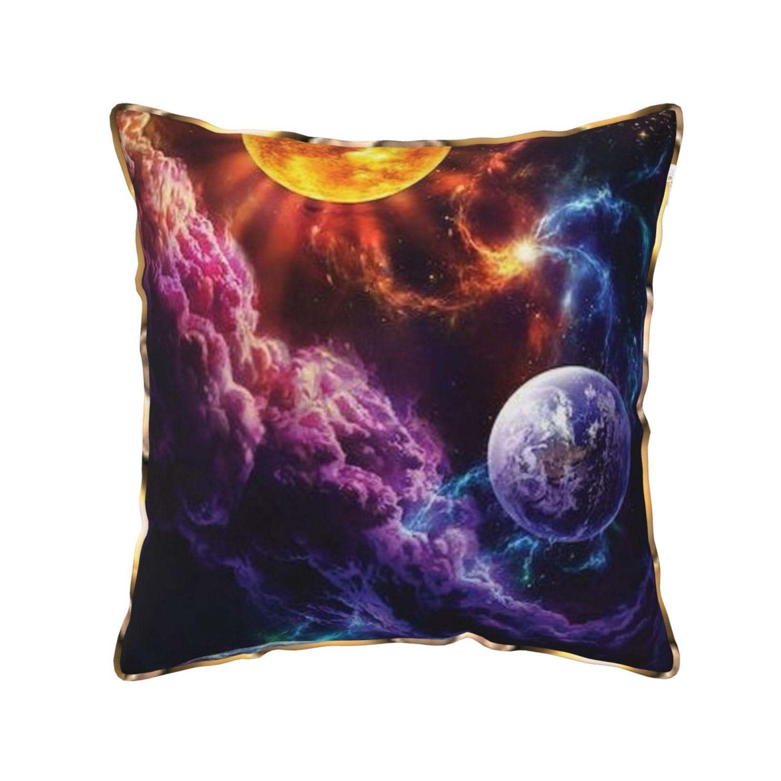 AUBKFELD Planet Printed Velvet Cushion Cover 50x50 CM with Gold Edging Strip, Square Pillowcase Soft Throw Pillow Covers Case Decorative for Living Room Sofa Couch Bed Bench