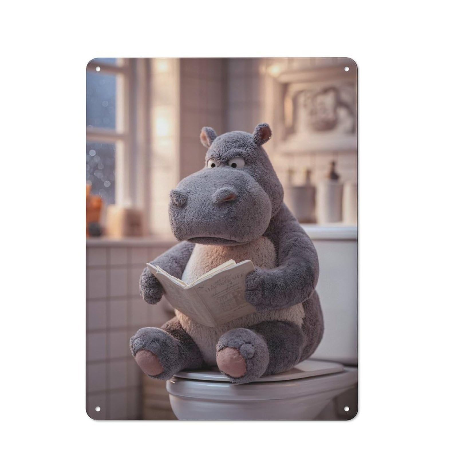 Junmoney Style-18 Hippo Reading On Toilet Vintage Tin Wall Plaque 40X30cm For Hobby Room Or Studio, A Decorative Metal Sign For Hobby Rooms And Studios