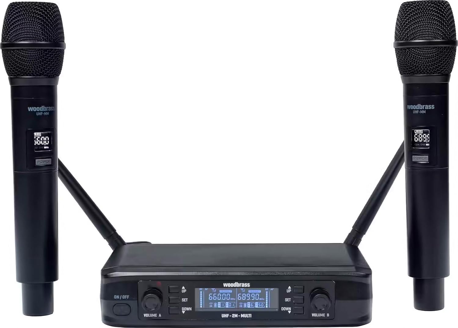 WOODBRASS Microfono senza fili sistema 2 x micro UHF multi frequenza, portatile microfono a mano per karaoke, professionisti, dj, animazione, matrimonio, conferenza (UHF-2M-MULTI)