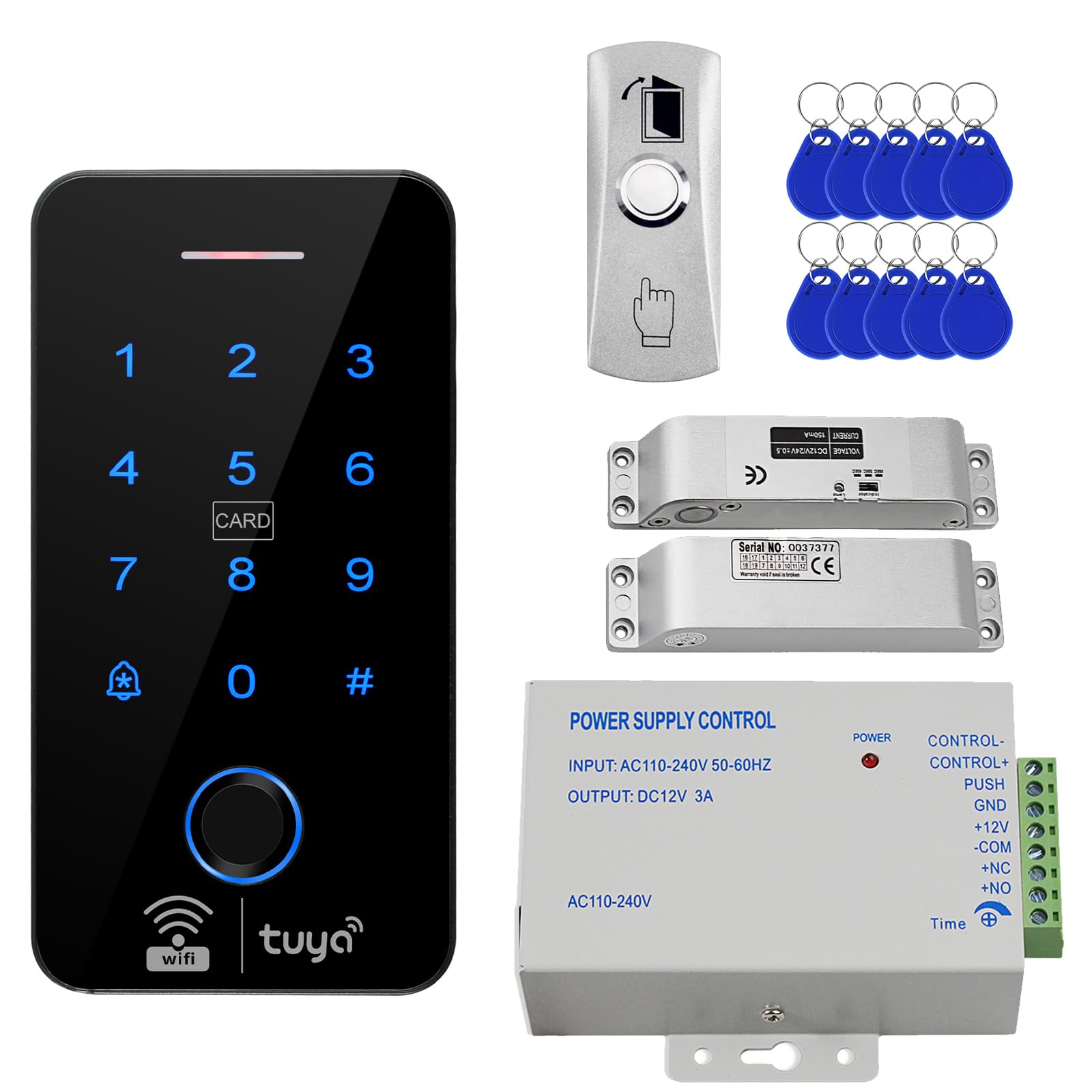 Tuya WiFi Fingerprint Access Control Kit with Small Electric Lock (Fail-Safe), K80 PSU, 10x 13.56MHz IC Keyfobs, Exit Button – Compact Office Security (xxs)