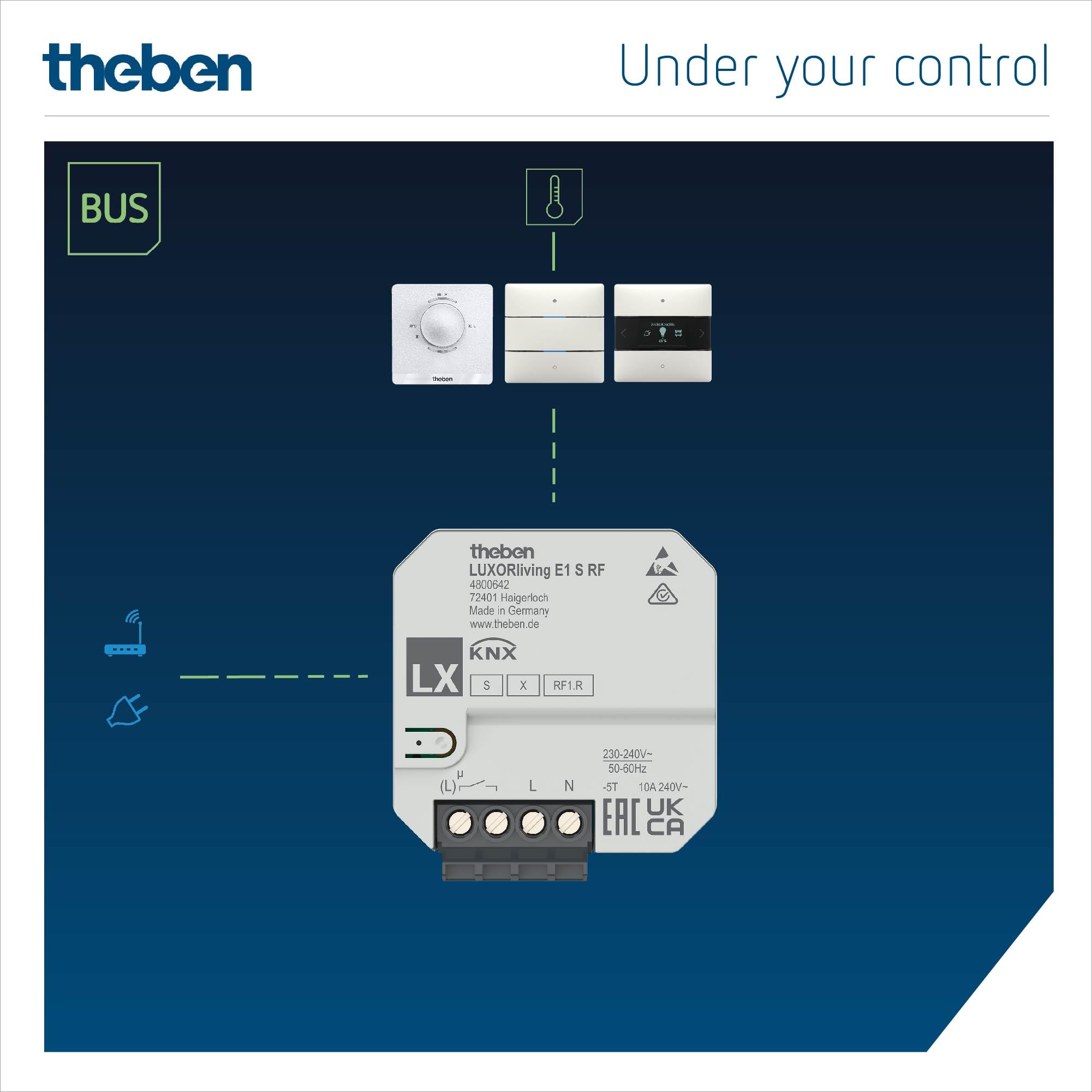 Theben 4800462 LUXORliving E1 S RF I 1-krotny sterownik radiowy do ogrzewania elektrycznego I podtynkowy I Grzejniki elektryczne o dużej mocy przełączania I do systemu KNX Smart Home Luxorliving