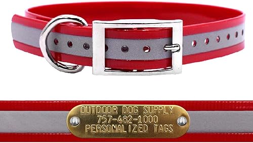 Vista 8 de Collar de perro con anillo en D impermeable reflectante resistente de 1 pulgada para perros medianos y grandes con placa de identificación de latón
