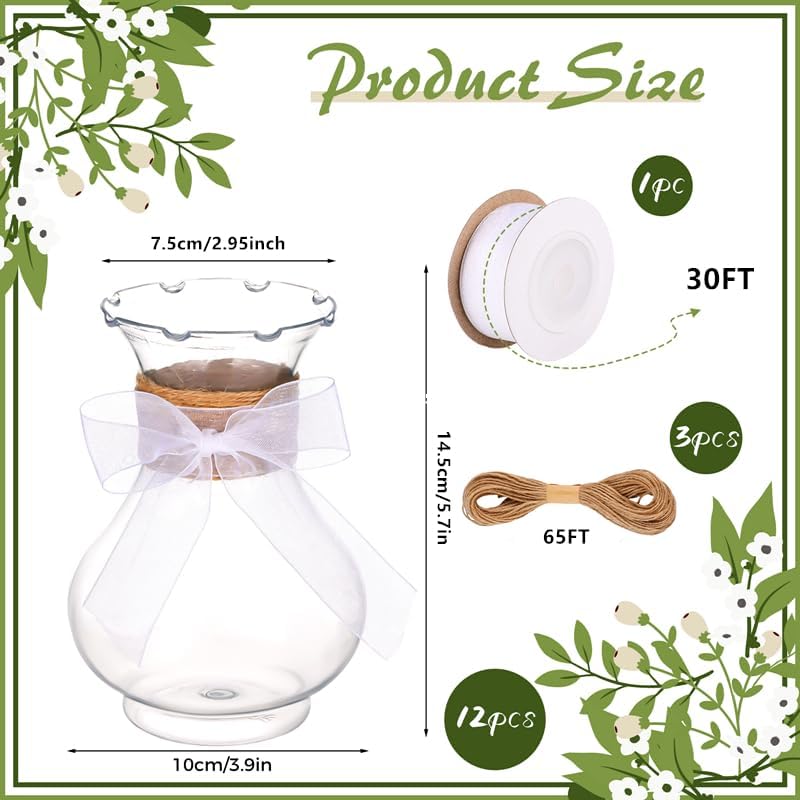 12 Pcs 5.7" Plastic Vases for Centerpieces Clear Flower Bud Vases with Hemp Rope White Ribbon Deco Hyacinth Avocado Growing Plant Containers Bud Vase Bulk for Rustic Wedding Table Decor - Image 2