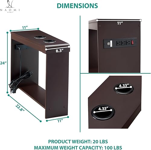 Miniatura 9 de Jade - Mesita de noche moderna con estación de carga, mesa auxiliar con puertos USB y tomas de corriente, mesa auxiliar estrecha para dormitorio y