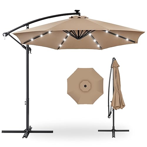 Best Choice Products 10ft Solar LED Offset Hanging Market Patio Umbrella for Backyard, Poolside, Lawn and Garden w/Easy Tilt Adjustment, Polyester Shade, 8 Ribs - Tan - Tan - 10ft