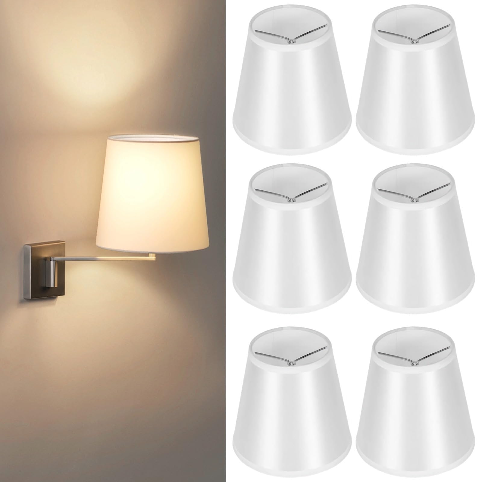 6 PCS Fabric Lamp Shade, Clip-on Fabric Lamp Shade, Traditional Chandelier Candle Bulb Lampshade, White Silk Luster Fabric Elegant Lampshade