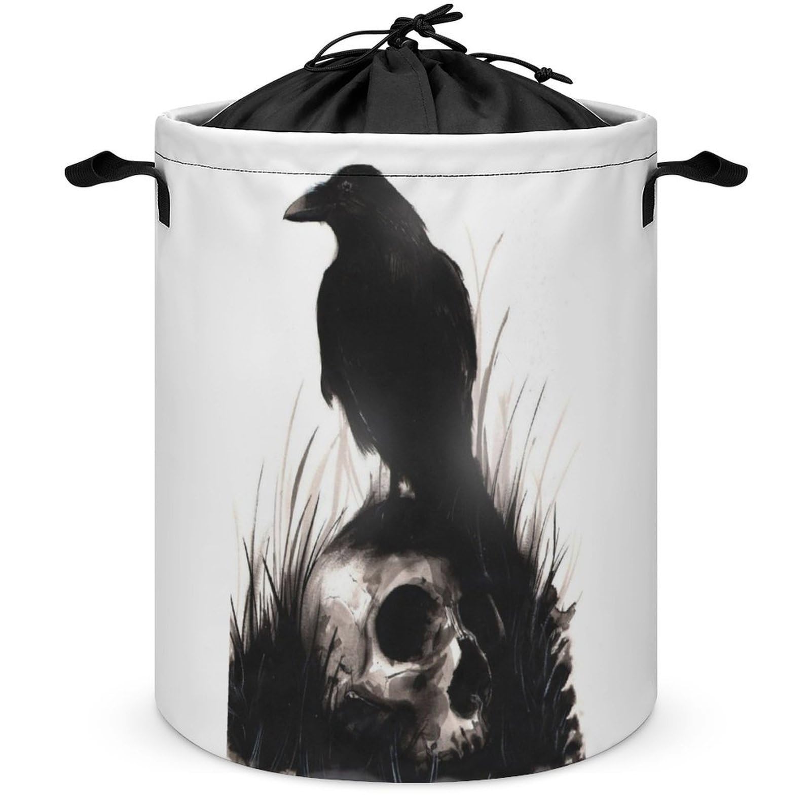Wlntrophic Drawstring Laundry Hamper, Halloween Skull Raven Laundry Basket, Washing Basket with Handle