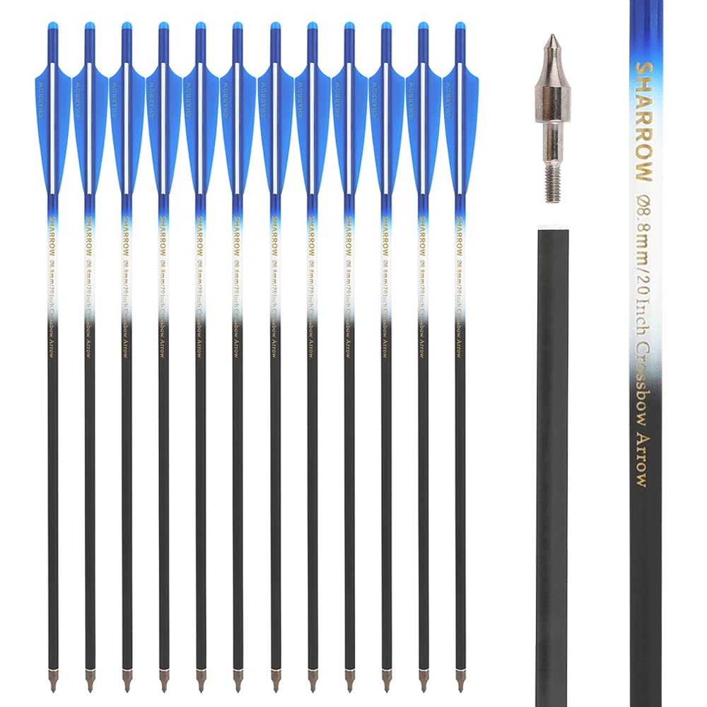 SHARROW Archery Carbon Crossbow Bolts Arrows 16 17 18 20 22 Inch Carbon Arrows with 4" Vanes 125 Grains Replaceable Field Point for Crossbow Hunting Shooting (Blue, 16")